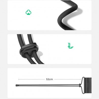 Cabo preto trançado com ajustador e régua medindo 52cm