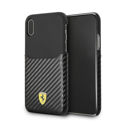 Capa preta para smartphone com padrão fibra de carbono e emblema Ferrari