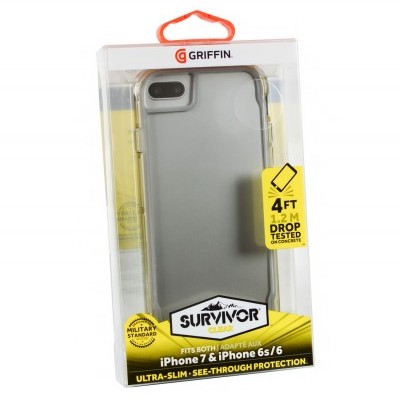 Capa de telefone cinzenta Griffin Survivor Gear em embalagem transparente com detalhes amarelos