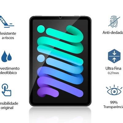 Tablet com ecrã colorido e ícones representando características em português