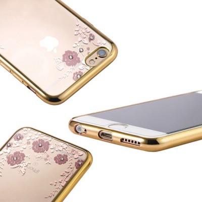 Capa transparente dourada com flores rosa para iPhone
