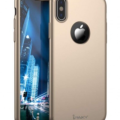 Capa dourada para smartphone com abertura circular para logotipo Apple e texto iPAKY