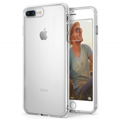 Smartphone iPhone com capa transparente e ecrã com imagem de homem
