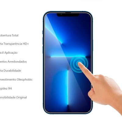 Smartphone com protector de ecrã e lista de características em português
