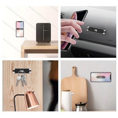 Suportes magnéticos pretos e prateados a segurar smartphone, chaves e utensílios em madeira e carro