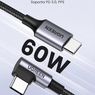 Cabo Nylon UGREEN 90º Angled 60W USB-C (1 m)