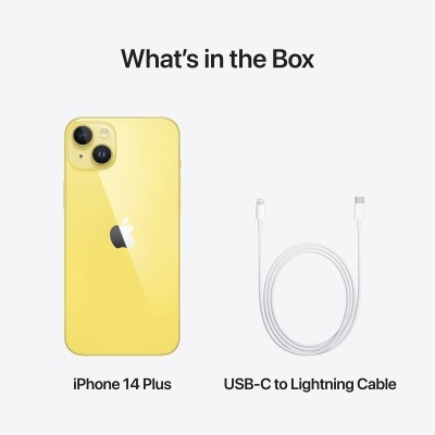 iPhone 14 Plus amarelo com cabo USB-C para Lightning num fundo branco