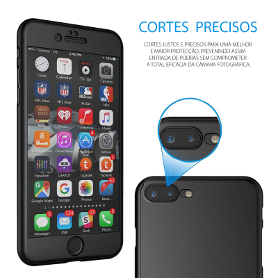 Smartphone preto com capa e texto promocional em português sobre cortes precisos