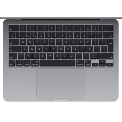 Computador portátil cinzento aberto visto de cima com teclado preto e trackpad