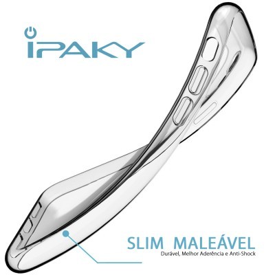 Capa de telemóvel transparente da marca IPAKY com texto promocional