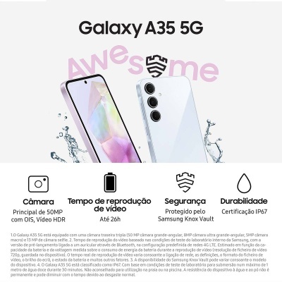 Smartphone Galaxy A35 5G branco com gotas de água e texto 'Awesome'