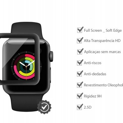 Protetor de ecrã transparente para relógio inteligente preto com lista de características em português
