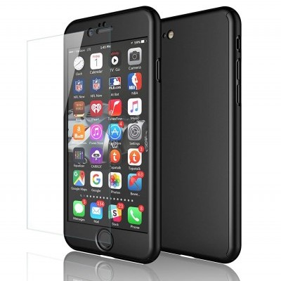 Smartphone preto com capa de silicone e vidro temperado à frente