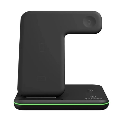 Carregador sem fios preto com luz verde e suporte em L