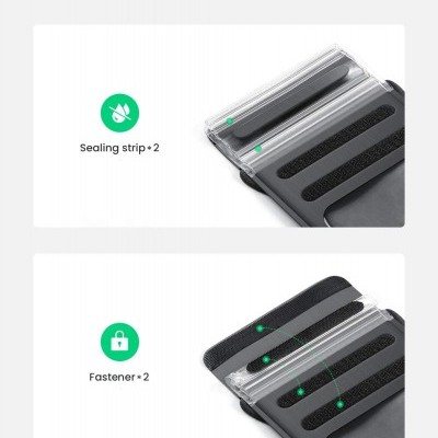 Produto de proteção com fitas vedantes e fechos rápidos em preto e transparente