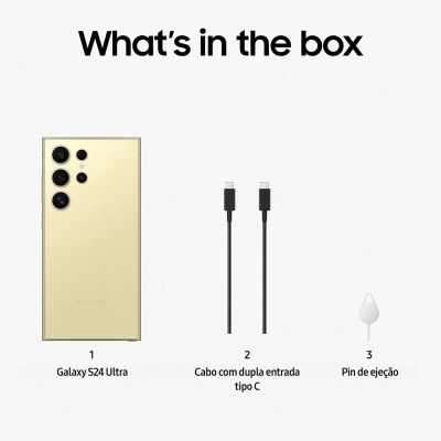 Conteúdo da caixa com Galaxy S24 Ultra dourado, cabos tipo C pretos e pin de ejeção branco