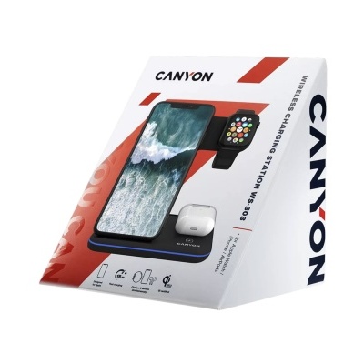 Caixa branca CANYON para estação de carregamento sem fios WS-303 com imagens de dispositivos eletrónicos