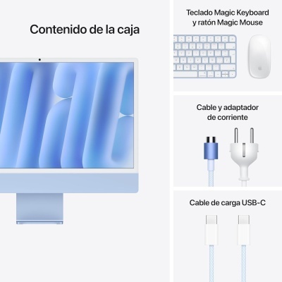 Computador azul claro, teclado branco, rato branco, cabos e adaptador de corrente.