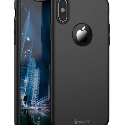 Capa preta para smartphone com recorte para logotipo da Apple e texto IPAKY