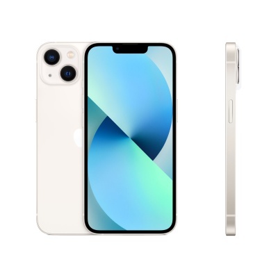 Smartphone branco com ecrã azul e verde, câmara dupla e botões no lado direito