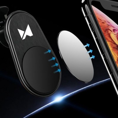 Suporte magnético preto para telemóvel, disco metálico prateado e smartphone moderno com ecrã iluminado.