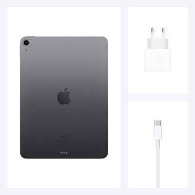 Tablet iPad cinzento escuro com carregador e cabo USB-C brancos
