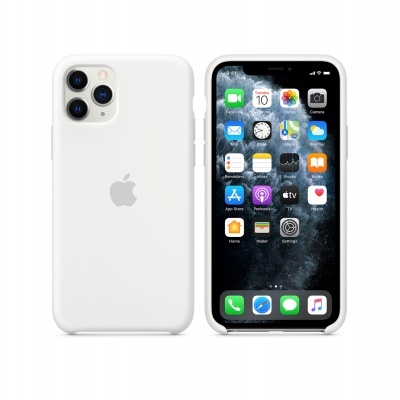 Smartphone Apple iPhone com capa branca e ecrã ligado