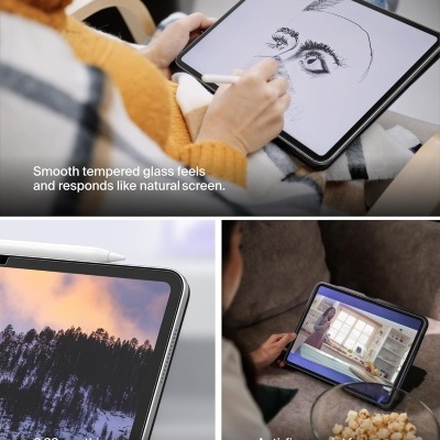 Tablet com vidro temperado, desenhos, paisagem e vídeo ilustrando características do vidro