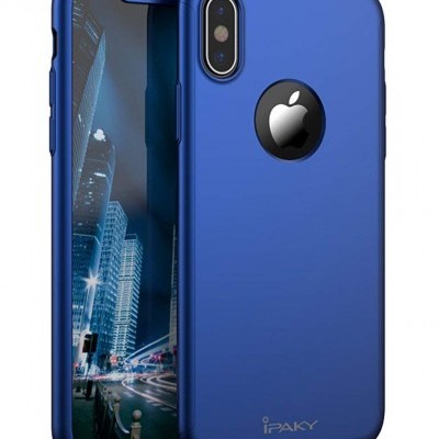 Capa azul para iPhone com abertura circular para o logótipo da Apple e proteção para câmaras