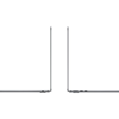 Dois portáteis prateados abertos de perfil sobre fundo branco