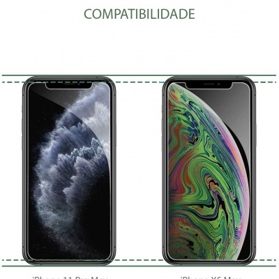 Dois iPhones lado a lado, iPhone 11 Pro Max com fundo preto e iPhone XS Max com fundo colorido abstrato
