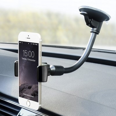 Suporte para telemóvel preto com ventosa no para-brisas a segurar um iPhone branco