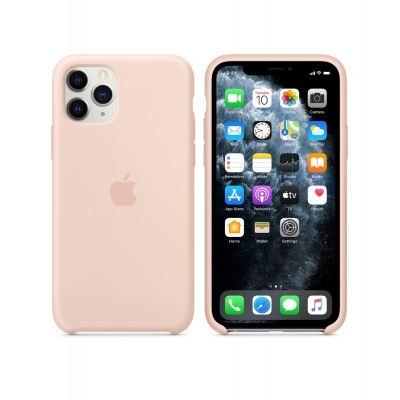 Smartphone com capa silicone rosa claro, ícones de apps no ecrã e logótipo Apple