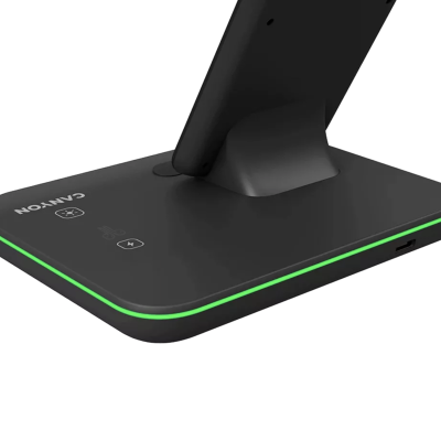 Base de carregamento sem fios preta com detalhe verde e suporte vertical