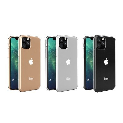 Três iPhones com capas dourada, prateada e preta lado a lado.