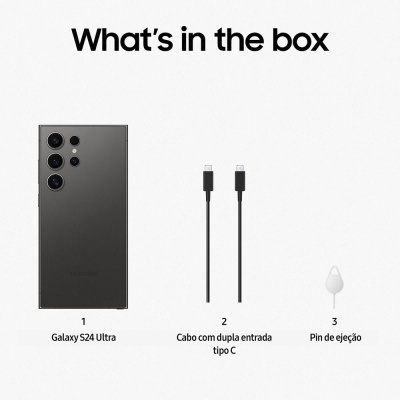 Conteúdo da caixa do Galaxy S24 Ultra com smartphone, cabos tipo C e pins de ejeção