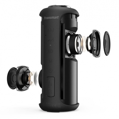 Coluna portátil preta Tronsmart com componentes internos visíveis em vista explodida