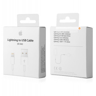 Embalagem branca de cabo Lightning para USB com texto e imagens dos conectores