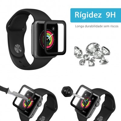 Relógio inteligente preto com protetor de ecrã transparente e texto Rígidez 9H