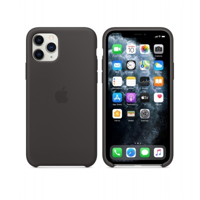iPhone preto com capa de silicone a mostrar frente com ecrã ligado e traseira
