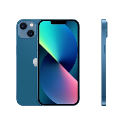 Smartphone azul da Apple visto de frente, costas e lateral