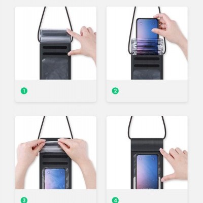 Bolsa preta impermeável para telemóvel com instruções de utilização em quatro passos