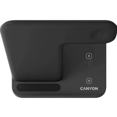 Base carregadora wireless preta com ícones de carregamento e brilho e logo CANYON