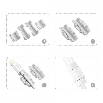 Organizadores de cabos em plástico branco mostrado em várias imagens ilustrativas