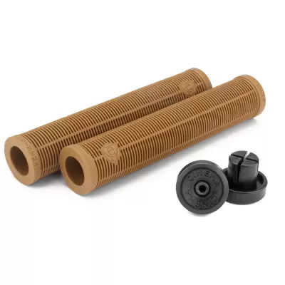 Punhos de bicicleta castanhos com tampas pretas e textura ranhurada