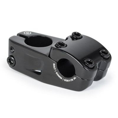 Peça metálica preta com dois orifícios e parafusos, texto SALT 10MM 6061-T6 AL