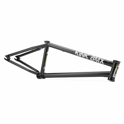 Quadro de bicicleta BMX preto com texto branco 'KINK BMX'