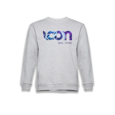 Camisola cinza com estampa azul e roxa e texto ICON BIKE STORE nas costas