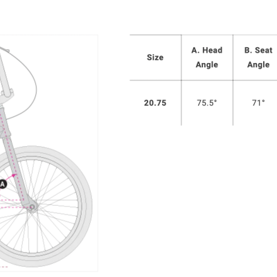 Gráfico técnico da geometria de uma bicicleta com medidas e ângulos em português e inglês