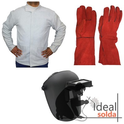 Pack de Soldador - Máscara Cabeça - Par de Luvas - Casaco em Crute